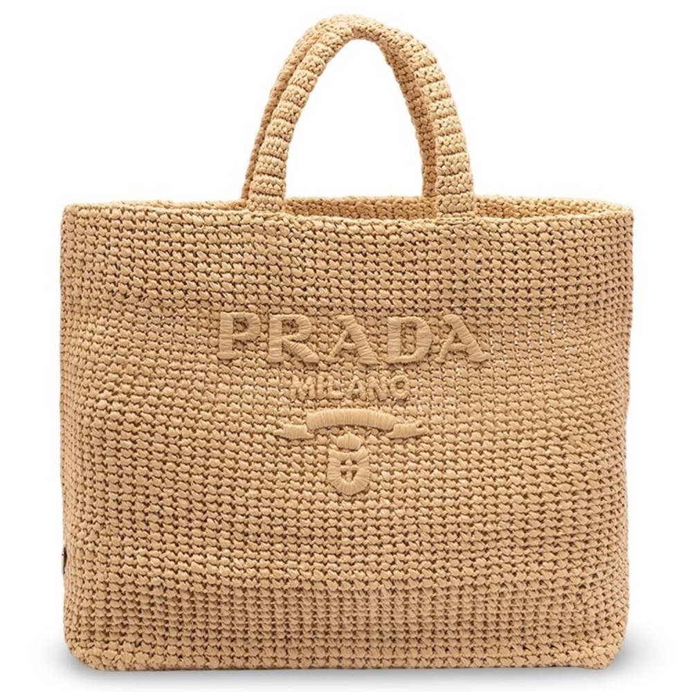 PRADA Logo Embroidered Raffia Crochet Tote Bag